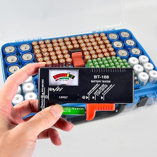 Battery Storage Organizer Case Holder Box with Tester, Double-Sided Batteries Fits for 269 Caddy Container AA AAA AAAA 3A 4A 9V C D Lithium 23A 4LR44 CR123A CR1632 CR2032 - Deep Blue