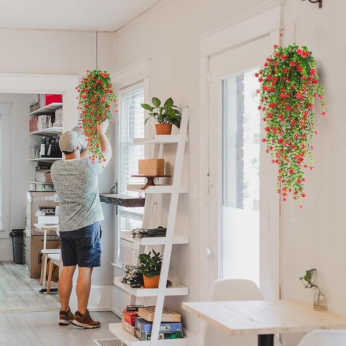 RECUTMS Artificial Hanging Plants Fake Hanging Vine Flowers Fake Plants Faux Hanging Plants Outdoor Faux Eucalyptus Leaf Greenery Wall Indoor Room Wall Wedding Patio Porch Decor(Red)