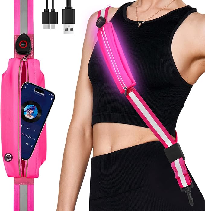 LED Reflective Belt Sash - 5 Lights Colors & 3 Light Modes High Visibility Night Safety Belt, Rechargeable Light Up Running Gear Adjustable Vest Straps for Runners Walkers Men Women