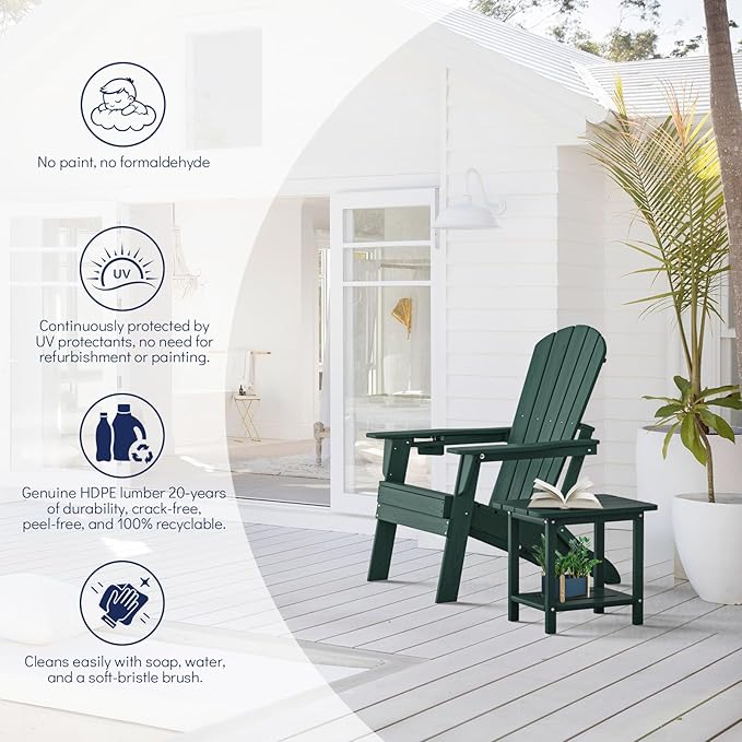 Folding Adirondack Chair, SGS Tested, Wooden Textured with Cup Holder, Heavy All-Weather HDPE Comfortable Set Poolside Backyard Lawn Green