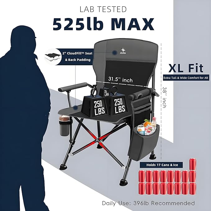 XL Heavy Duty Camping Chair 396lb Capacity (525lb Max) – Waterproof 1680D Oxford Fabric, 2" Padded Seat & Back, Cup Holder, Cooler Pocket, Portable for Camping, Beach & Tailgating (Slate/Black)
