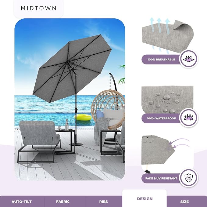 Midtown Umbrellas Sunbrella Umbrella 9 Feet Outdoor Umbrella With Cast Slate Acrylic Fabric - Auto-Tilt Aluminum Frame Patio Umbrella For Backyard, Deck, Garden, Pool - Black Pole