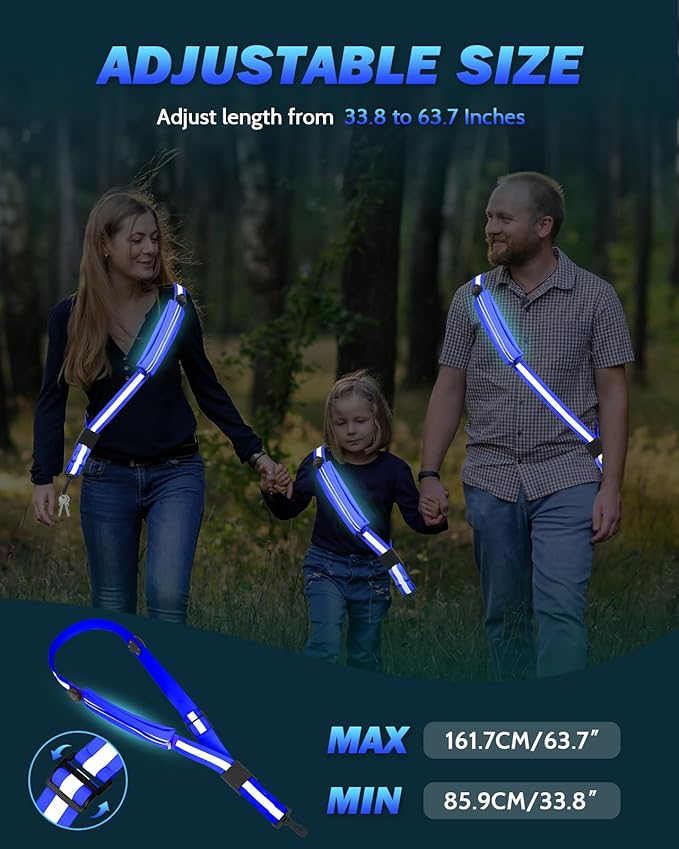 LED Reflective Belt Sash - 5 Lights Colors & 3 Light Modes High Visibility Night Safety Belt, Rechargeable Light Up Running Gear Adjustable Vest Straps for Runners Walkers Men Women