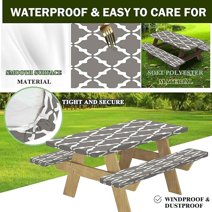 CAPSCEOLL Fitted Picnic Table Cover with Bench Covers with Elastic 6Ft Waterproof Camping Picnic Table Cover Cloths for Outdoors Camping Tablecloth with Drawstring Bag, 72X30in, White Grey