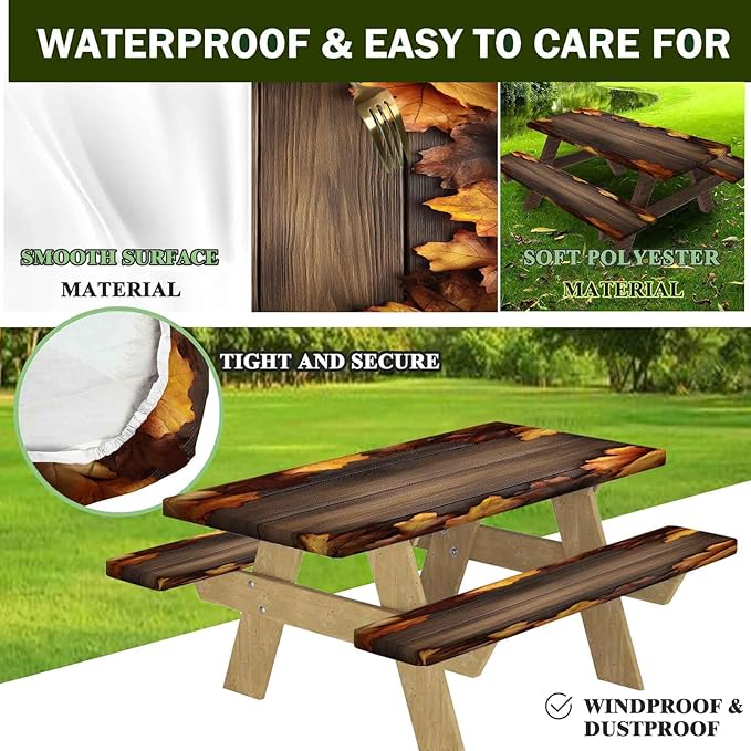 CAPSCEOLL Fitted Picnic Table Cover with Bench Covers with Elastic 6Ft Waterproof Camping Picnic Table Cover Cloths for Outdoors Camping Tablecloth with Drawstring Bag, 72X30in, Brown Wood