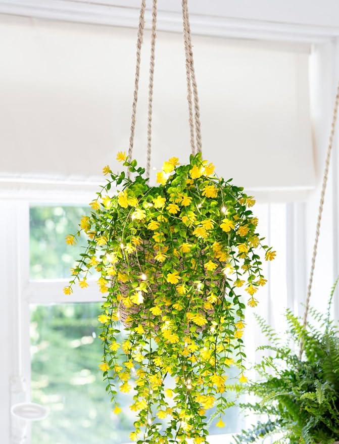 RECUTMS Outdoor Fake Hanging Plants,Hanging Plant Vine with Lights,Faux Eucalyptus Leafs Greenery Vine Plant Faux Plants Fake Plants Greenery for Jungle Theme Party Wedding Decoration(Yellow)