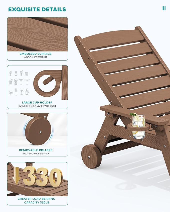 SERWALL Patio Chaise Lounge Chair Set of 2 with 9FT Patio Umbrella, 78'' HDPE Outdoor Lounger 5 Positions Adjustable, Poly Lounge Chair with Rolling Wheels & Cup Holder for Pool,Wooden Brown