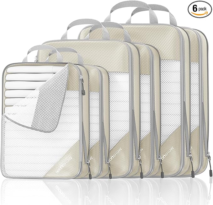 Compression Packing Cubes 6 Set, Compressible Space-Saving Packing Cubes for Travel - Compression Bags, Luggage Organizer, Travel Essentials for Women, Beige