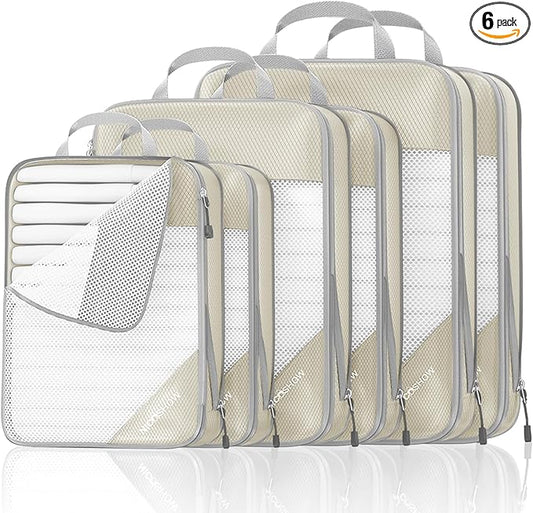 Compression Packing Cubes 6 Set, Compressible Space-Saving Packing Cubes for Travel - Compression Bags, Luggage Organizer, Travel Essentials for Women, Beige