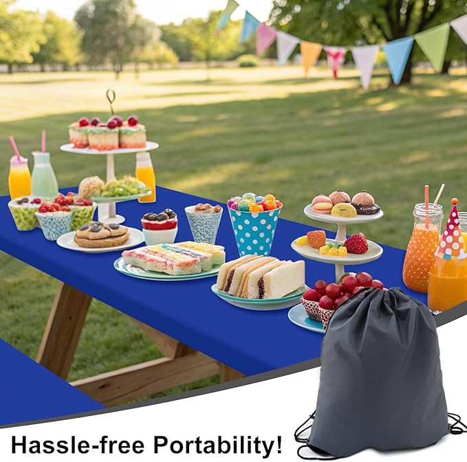 Smiry Picnic Table Cover with Bench Covers, Waterproof Elastic Fitted Polyester Tablecloths for 6 Ft Rectangle Tables, Washable Windproof Tablecloth for Camping, RV & Outdoor (Blue, 30x72 Inches)