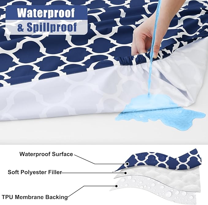 Smiry Picnic Table Cover with Bench Covers, Waterproof Elastic Fitted Tablecloth for 6 Foot Tables, Washable Polyester Tablecloths for Camping, Indoor & Outdoor (Navy Morocco, 30x72 Inch 3-pc Set)