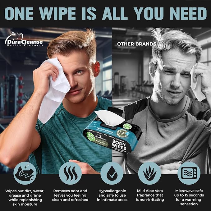 XL Body Wipes for Men - 50 No Rinse Shower Sheets + 4 Travel Bath Sachets - 9"x12" After Gym Mens Deodorant Wipes - Adult Disposable Washcloths, Face Towels for Camping Essentials & Survival Gear