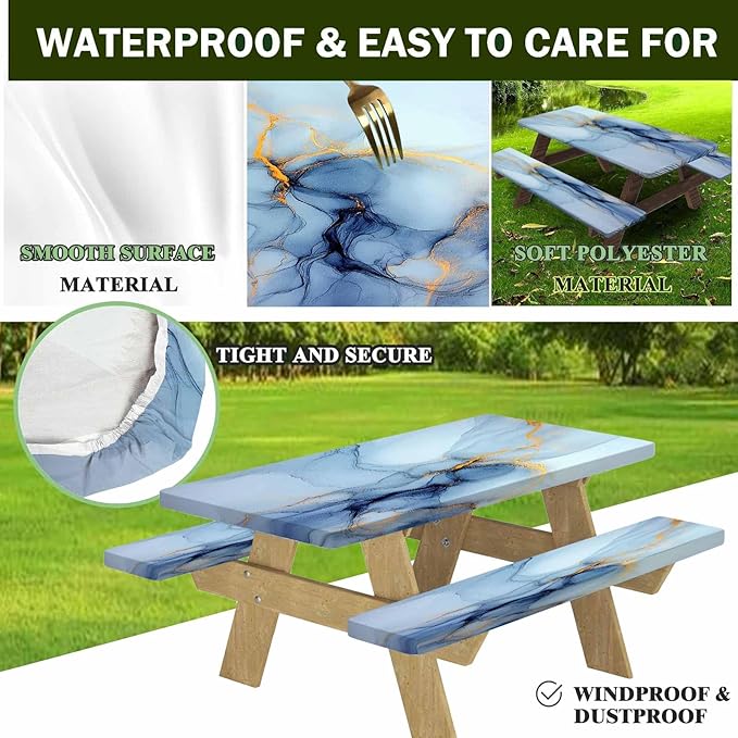 CAPSCEOLL Fitted Picnic Table Cover with Bench Covers with Elastic 8Ft Waterproof Camping Picnic Table Cover Cloths for Outdoors Camping Tablecloth with Drawstring Bag, 96X30in, Blue Marble