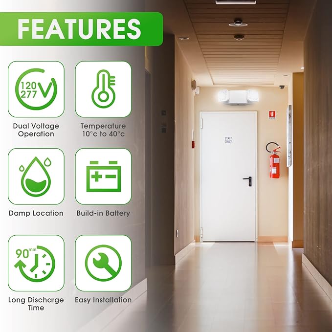 LED Emergency Light Emergency Light Combo Rectangular Adjustable Dual Heads 2 Heads UL Certified GM6 for Apartments Hotels Hospitals Offices (White)