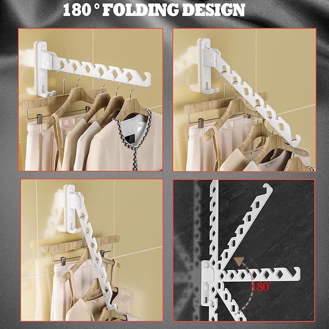 Dr.DJ Wall Mount Coat Hanger Holder White Clothes Drying Organizer Rack Garment Hooks Aluminium Retractable Folding Indoor Wall Mounted Hanger for Laundry Room Bedroom White 2Pack with 80cm Rod