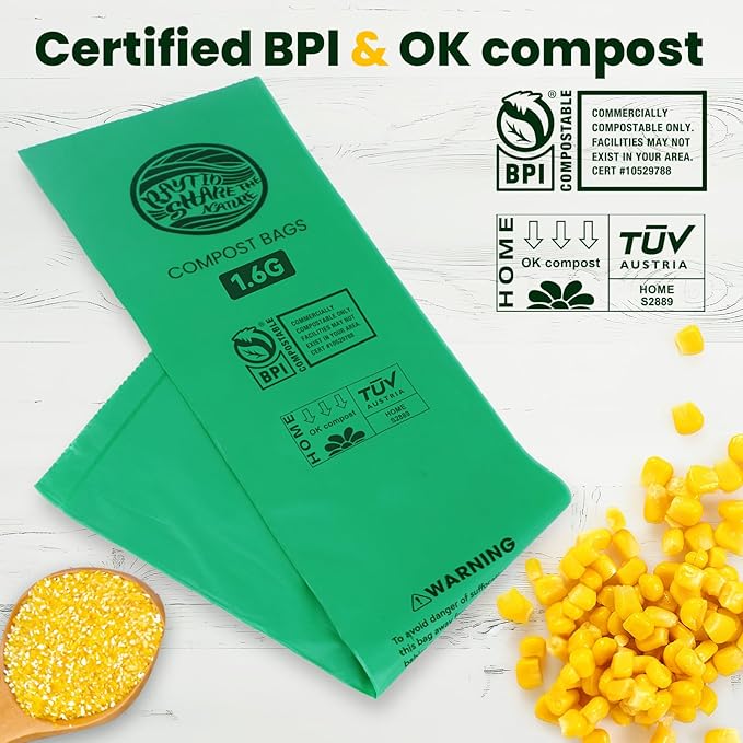 RAYTID 150 Counts 1.6 Gallon (1.6-1.75-2 Gal) Compost bin Kitchen Bags, Fit 4.5,6,7,8 Liters,Strong Compost Bags for countertop bin,ASTM D6400, US BPI and Europe OK Compost Home Certified