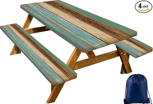 CAPSCEOLL Picnic Table Cover with Bench Covers 8Ft Waterproof Camping Tablecloth All-Weather Outdoor Table Protector with Drawstring Bag for Camping Essentials, 96X30In, Blue Brown Wood