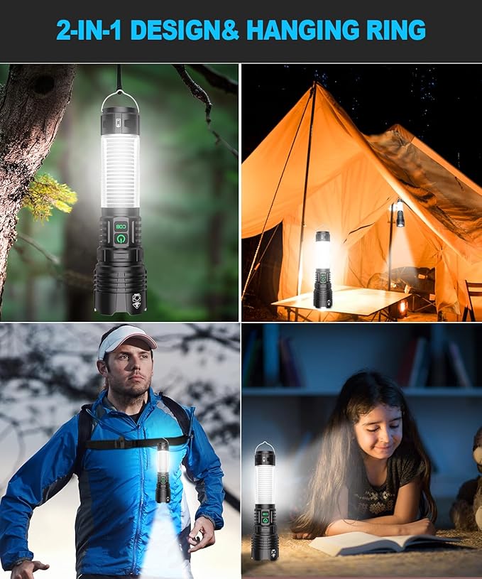Flashlights High Lumens Rechargeable 2Packs- Super Bright Tactical LED Flashlight,Powerful USB C Flash Light with 360°COB Light, Long Beam 3280Ft,7 Modes,Waterproof Handheld Flashlight for Emergency