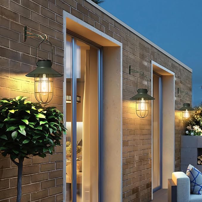 pearlstar Solar Lanterns Outdoor Metal Solar Powered Hanging Lights Waterproof for Wall Barn Yard Garden Patio Garage Balcony Porch Fence Decor, Warm White Edison Bulb (Green-2pack)