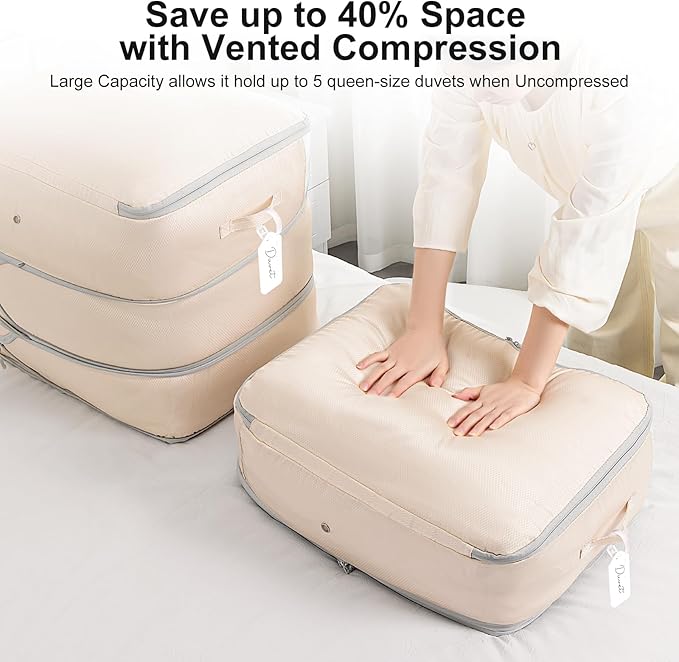 DIMJ Comforter Storage Bag - Large Capacity Ultra Space Saving Self Compression Organize for Duvet, Pillow, Bedding, Blanket Storage Organizer Nylon Compression Bags, Sheet Storage, Beige, 4 Pack