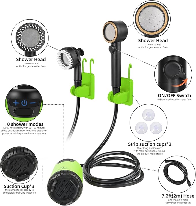 Portable Shower for Camping, 10000mAh Outdoor Electric Shower Pump Rechargeable IPX7 Waterproof Camp Shower with LED Display and 2 Head Nozzle for Camping, Hiking, Travel, Car, Pet