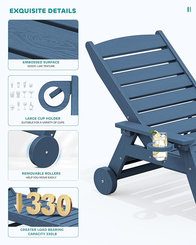 SERWALL Patio Chaise Lounge Chair Set of 6, 5 Positions Adjustable Poly Outdoor Lounge Chair for Pool, HDPE Lounge Chair with Rolling Wheels & Cup Holder for Poolside, Deck, Blue