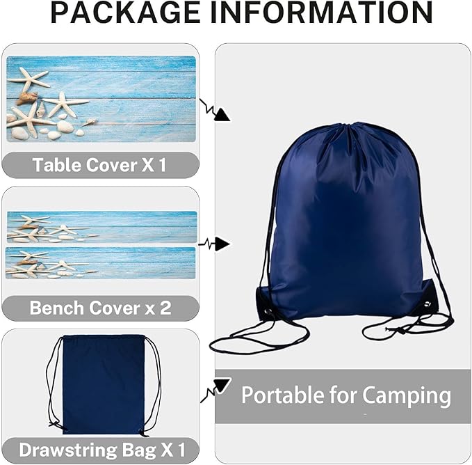 CAPSCEOLL Picnic Table Cover with Bench Covers 8Ft Waterproof Camping Tablecloth Sea Shells Outdoor Table Protector with Drawstring Bag for Camping Essentials, 96X30In, Summer Blue Wood