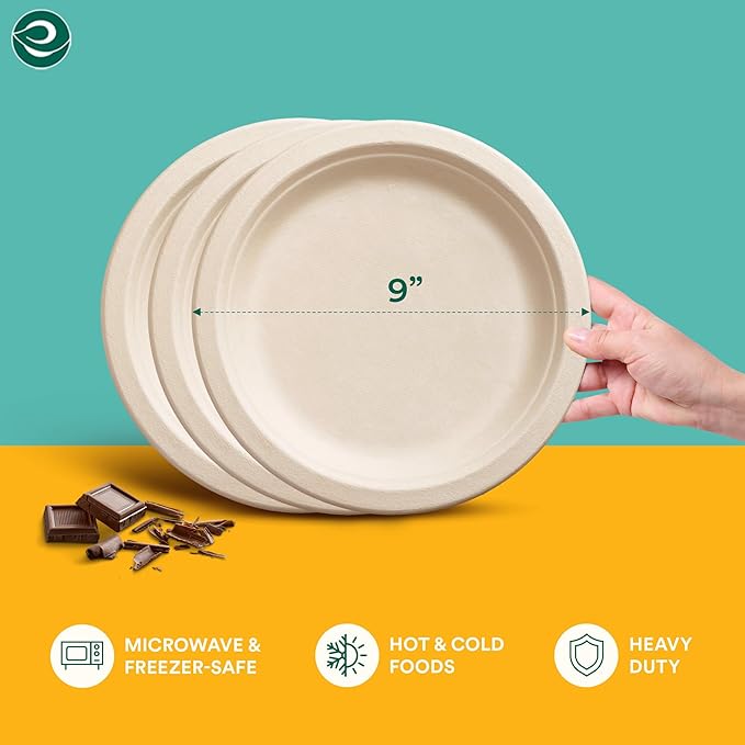 ECO SOUL 100% Compostable Small Paper Plates (9" Round Plate, 125)