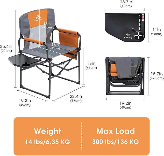 Wide Folding Director Chair with Table, Outdoor Camping Chair for Adults with Cup Holder Load 330 Lbs, Portable Lightweight Chair for Outside with Carry Bag for Patio, Orange-2Pack