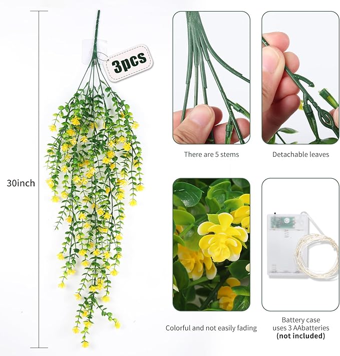 RECUTMS Outdoor Fake Hanging Plants,Hanging Plant Vine with Lights,Faux Eucalyptus Leafs Greenery Vine Plant Faux Plants Fake Plants Greenery for Jungle Theme Party Wedding Decoration(Yellow)
