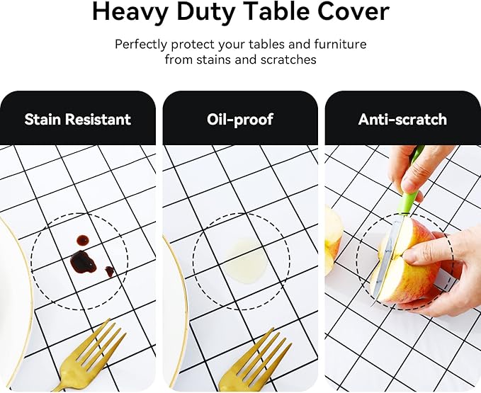 Romanstile Rectangle Plastic Tablecloth, 100% Waterproof Oil-Proof Checkered PVC Table Cloths, Heavy Duty Vinyl Table Covers for Dining, Camping, Picnic, Outdoor - 52 x 70 Inch, White