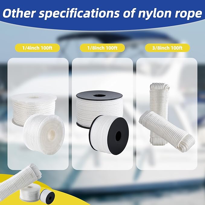 White Nylon Rope 3/8inch 100ft Braided Multi-Purpose Ropes for Outdoor&Indoor Heavy Duty for Camping, Boat, Garden, Clothesline, Marine, Soft & Flexible, High Tensile Strength