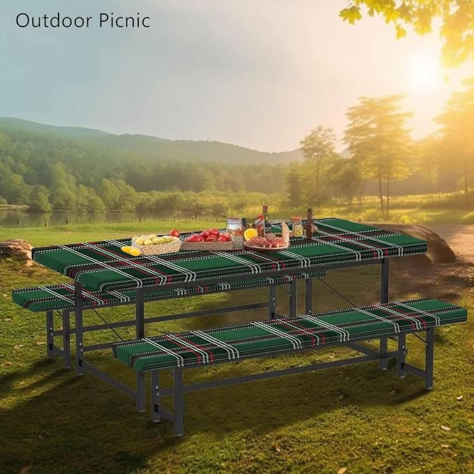 CAPSCEOLL Fitted Picnic Table Cover with Bench Covers with Elastic 6Ft Waterproof Picnic Table Cover for Outdoors Camping Tablecloth with Drawstring Bag, 72X30in, Christmas Green Buffalo Plaid