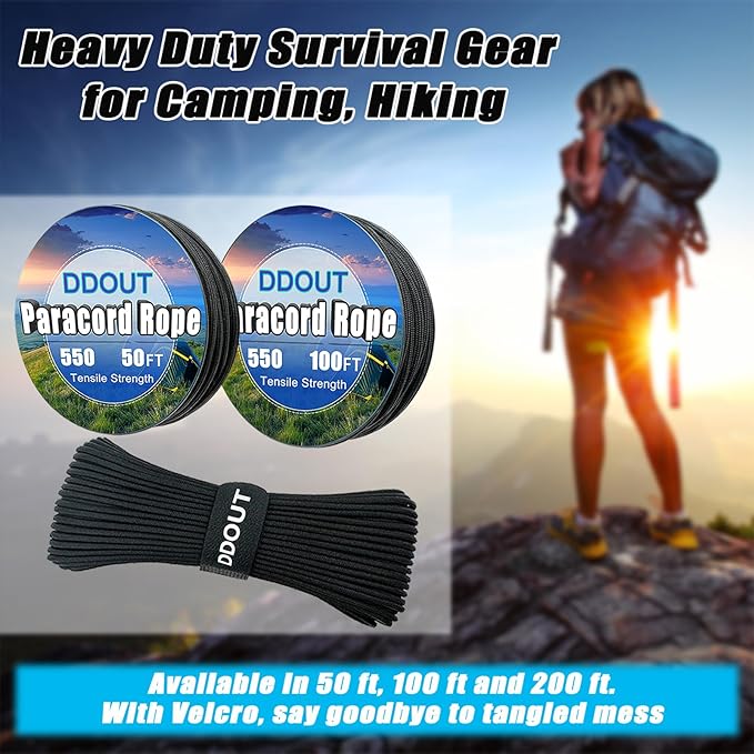 Paracord Nylon Rope Black 200ft with 7-Strand Core, 10 Colors and 50/100/200 ft, Type III Parachute Cord 4mm for Camping, Survival, Hiking, DIY, Crafting, Outdoor Utility Rope