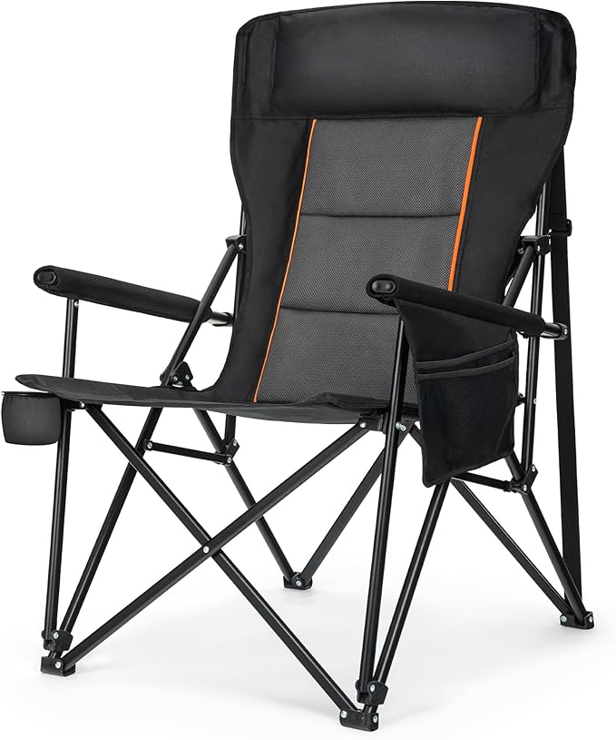 LET'S CAMP Oversized Camping Chairs 29.52" High Back Heavy Duty Lawn Chair Support 500LBS, Portable Collapsible Chair with Cup Holder, Side Pocket(Black)