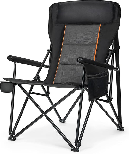 LET'S CAMP Oversized Camping Chairs 29.52" High Back Heavy Duty Lawn Chair Support 500LBS, Portable Collapsible Chair with Cup Holder, Side Pocket(Black)
