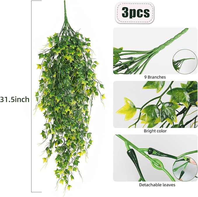 RECUTMS Artificial Plant Fake Plants Artificial Hanging Plants Faux Ivy Plant with Yellow Leaf Fake Hanging Plant Indoor Decoration House Party Garden Room Wall Decor（Yellow）