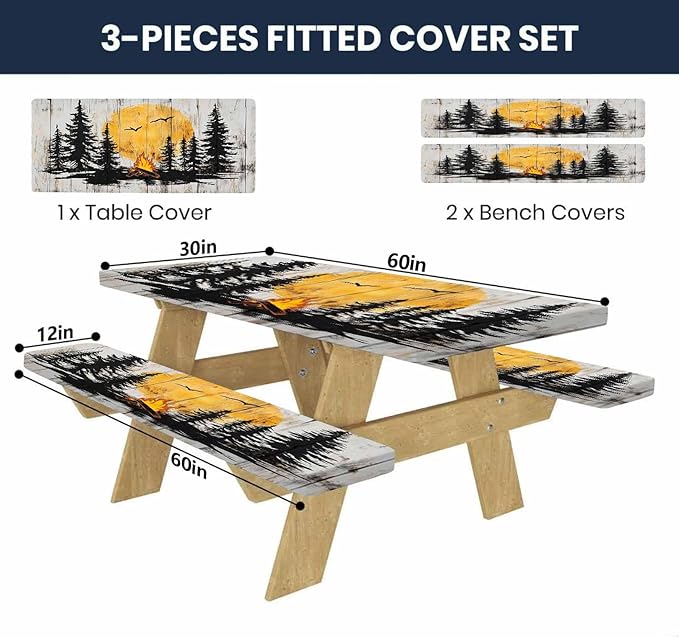 CAPSCEOLL Elastic Picnic Table Cover with Bench Covers 5Ft Waterproof Fitted Picnic Table Cover Cloths for Outdoors Camping Tablecloth with Drawstring Bag, 60X30in, Camping on Wood