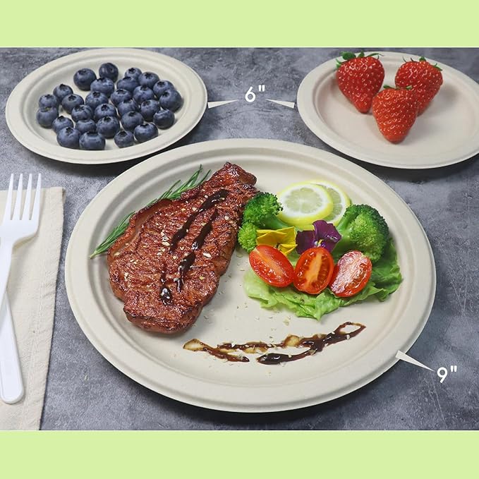 GreenWorks 500 Count 6“ Small Compostable Dessert Plates, Heavy-duty Unbleached Biodegradable Bagasse and Bamboo fiber Paper Plates