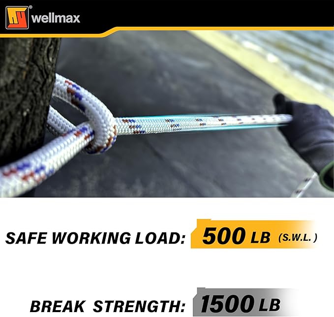 Wellmax Diamond Braid Nylon Rope, 3/8 in X 50 Foot, UV Resistant, High Strength and Weather Resistant - Red and White