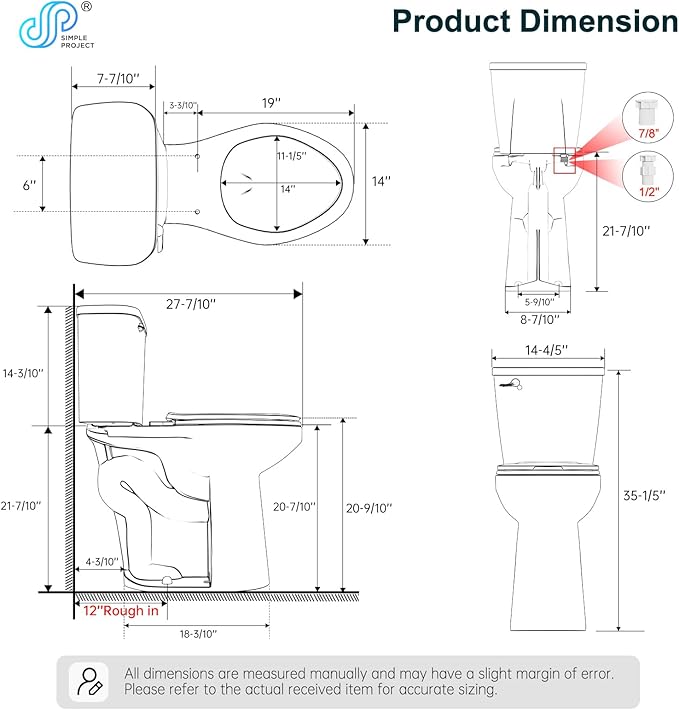 Simple Project Tall Toilets for Seniors 21 inch Extra High Toilets, Comfort Bowl Heigh 21", Seat Height 22", Two-Piece Toilet 1.28GPF Powerful, 12 Inch Rough-in, White Color, for Bathroom