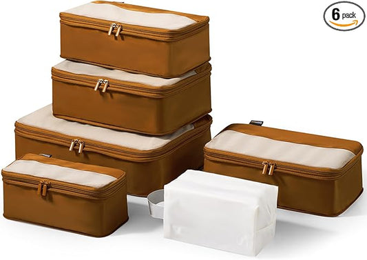6 Set Compression Packing Cubes for Travel Essentials, Luggage Organizers for Suitcases (Dark Brown)