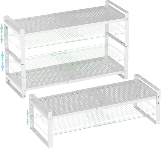 Expandable Spice Rack, Stackable Metal Pantry Storage Shelves Stand, Adjustable Height Cabinet Shelf Organizer Racks(3PACKS/WHITE,MEDIUM)