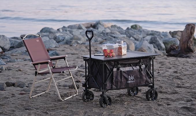 Whitsunday Folding Collapsible Utility Wagon, Heavy Duty Outdoor Park Beach Wagon with Table and Side Pocket for Camping Sports Shopping Brown