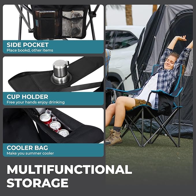 FUNDANGO Oversized Camping Chair for Adults, Heavy Duty Portable Foldable Lawn Chair with Padded Seat & Back, Lumbar Support, 4-can Cooler & Cup Holder, Carry Bag Included for Outdoor (Black)