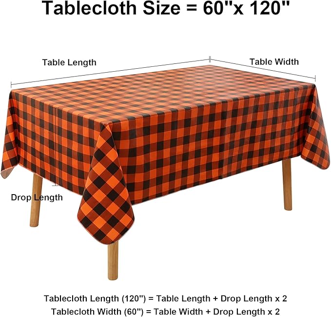 misaya Rectangle Waterproof Vinyl Table Cloth, Buffalo Flannel Backed Tablecloth, Wipeable Plastic Table Cover for Dinner, Kitchen, Picnic (60" x 120", Orange and Black)