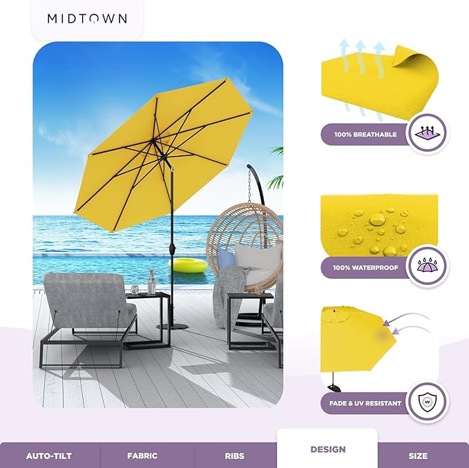 Midtown Umbrellas Sunbrella Umbrella 8 Feet Outdoor Umbrella With Sunbrella Yellow Acrylic Fabric - Auto-Tilt Aluminum Frame Patio Umbrella For Backyard, Deck, Garden, Pool - Black Pole