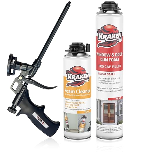 Kraken Bond Window & Door Expanding Foam Sealant - (1x24oz) Professional Gap Filling Gun Use Polyurethane Spray Foam, Low Expansion Waterproof Gap Filler, Gun&Cleaner Included - 1 Pack