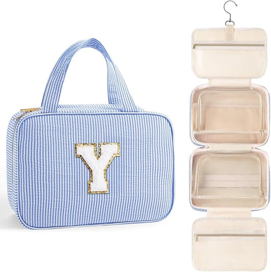 TOPEAST Travel Toiletry Bag for Women - Hanging Toiletry Bag Makeup Bag, Portable Toiletries Cosmetic Bag, Airplane Travel Essentials - Letter Y, Blue
