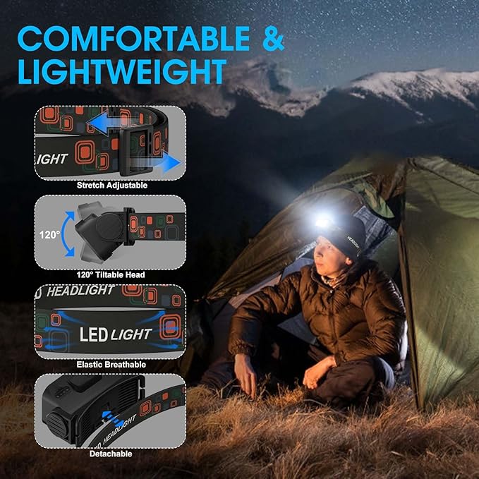 Rechargeable Headlamp Flashlight, 8 LED 2500LM Ultra-Light Bright Headlight with Motion Sensor, Waterproof Lightweight Head Lamp for Adult Kid, 2-Pack Headlamps for Outdoor Camping Running Fishing